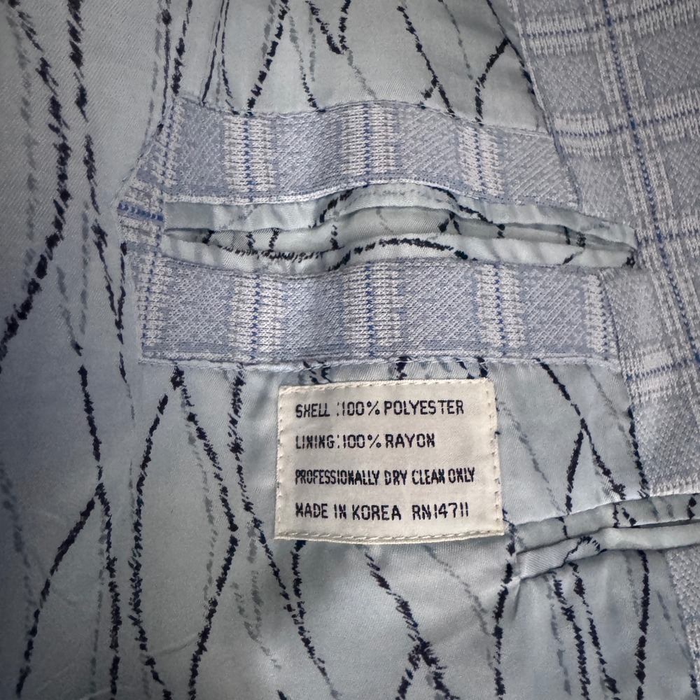 Van Cort Blazer Mens 44R Light Blue Plaid Vintage 70s Polyester Sport Coat - Picture 6 of 7